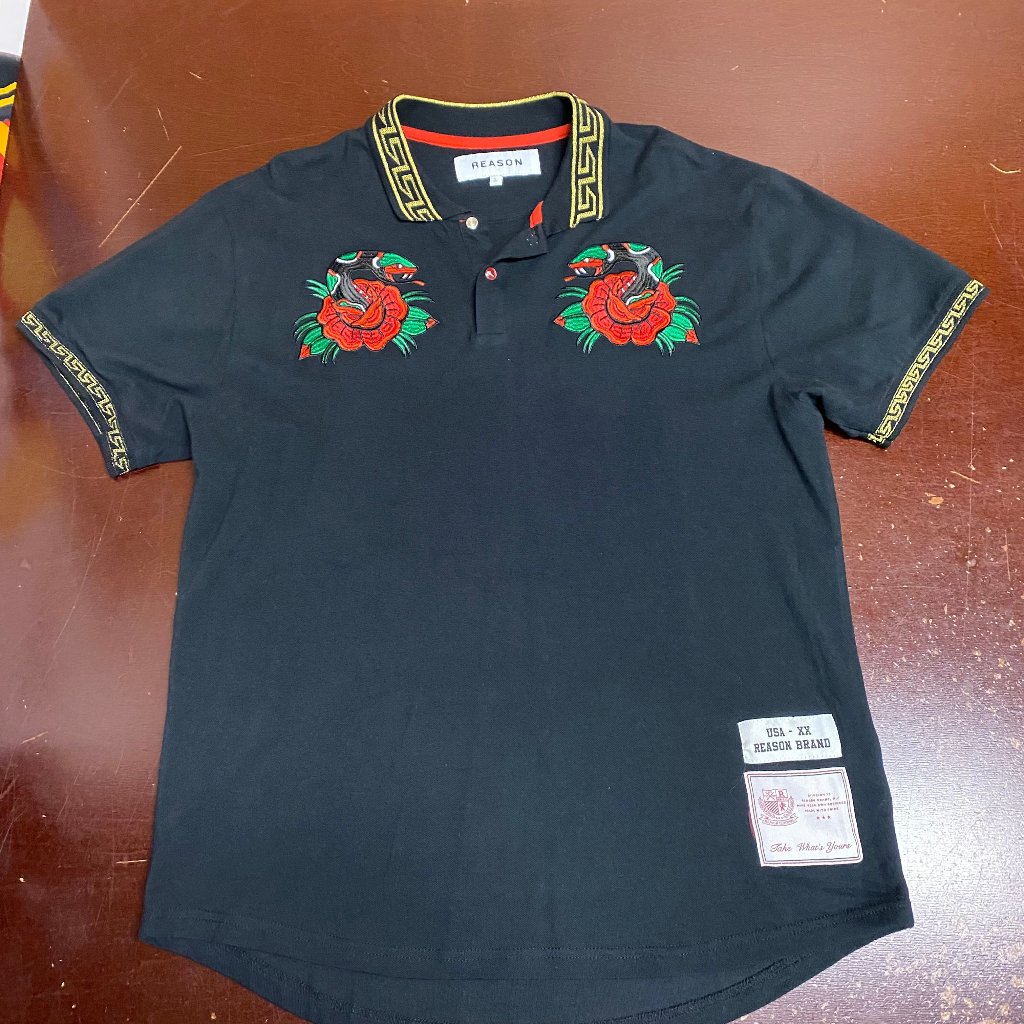Reason Mens Black Embroidered Short Sleeve Collared Comfort Polo Shirt Size L